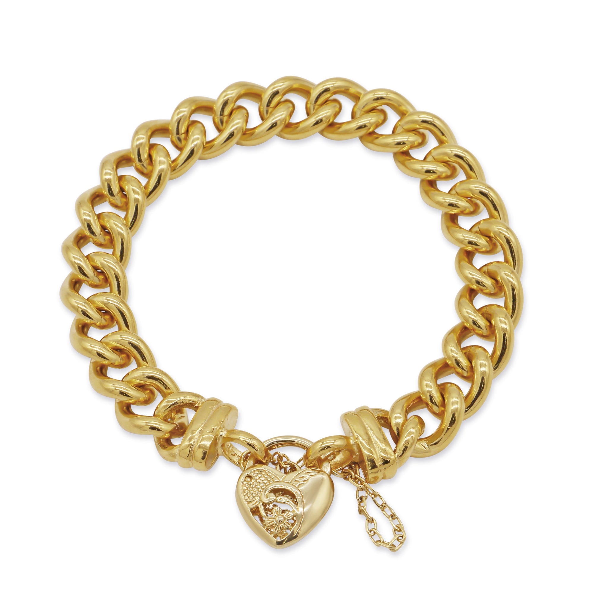 18ct Heavy Yellow Gold Plated 12mm Euro Curb Chain Bracelet with a Vegas Heart Locket - USA Made-1