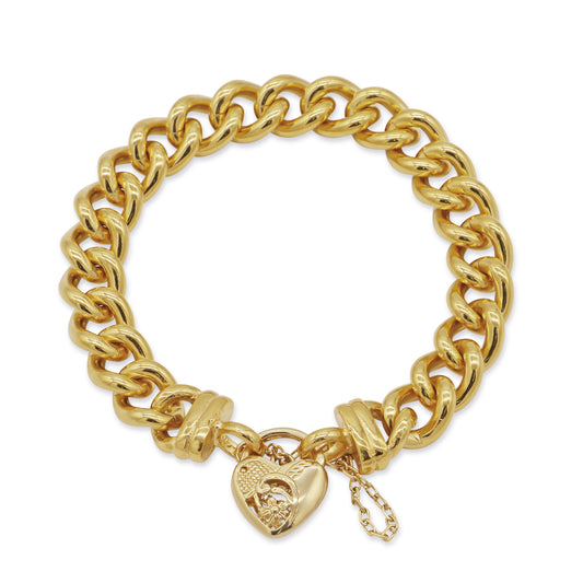 18ct Heavy Yellow Gold Plated 12mm Euro Curb Chain Bracelet with a Vegas Heart Locket - USA Made-1