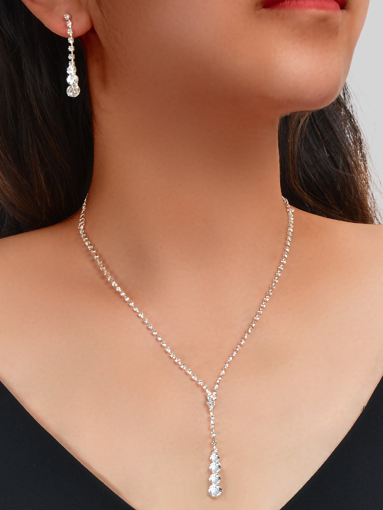 Long Drop Dangle Rhinestone Earrings Necklace Wedding Bridal Party Jewelry Set-5