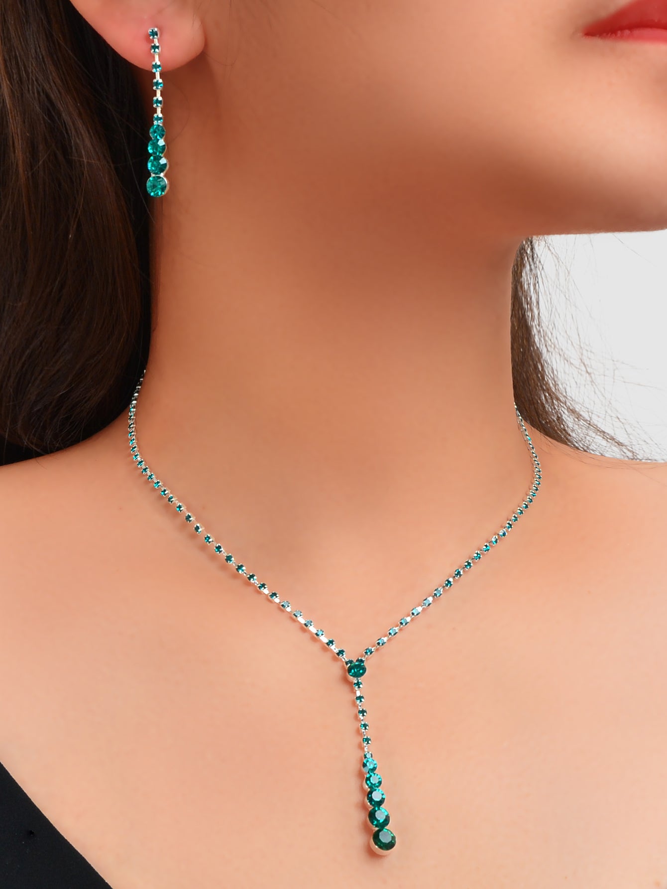 Long Drop Dangle Rhinestone Earrings Necklace Wedding Bridal Party Jewelry Set-0