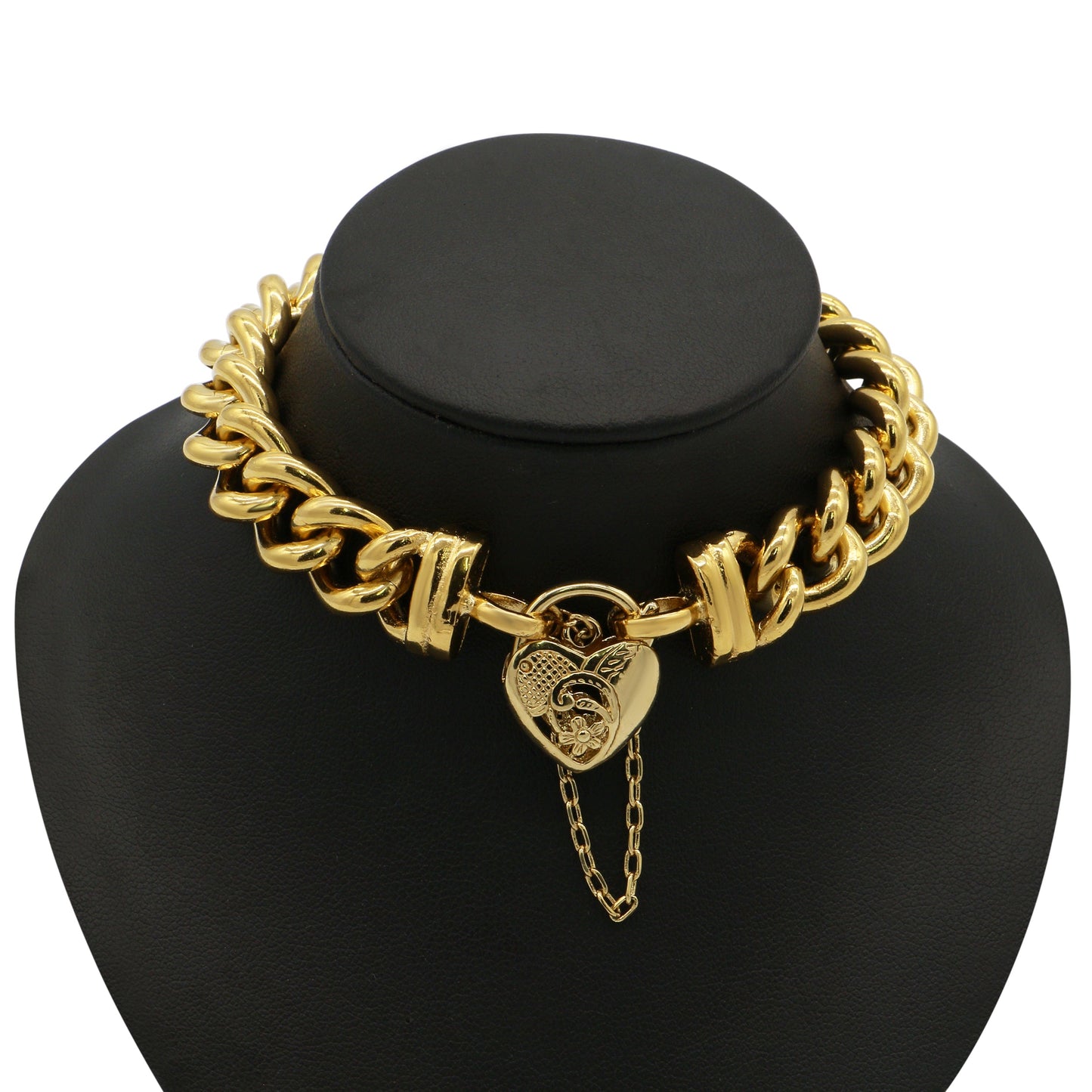 18ct Heavy Yellow Gold Plated 12mm Euro Curb Chain Bracelet with a Vegas Heart Locket - USA Made-2