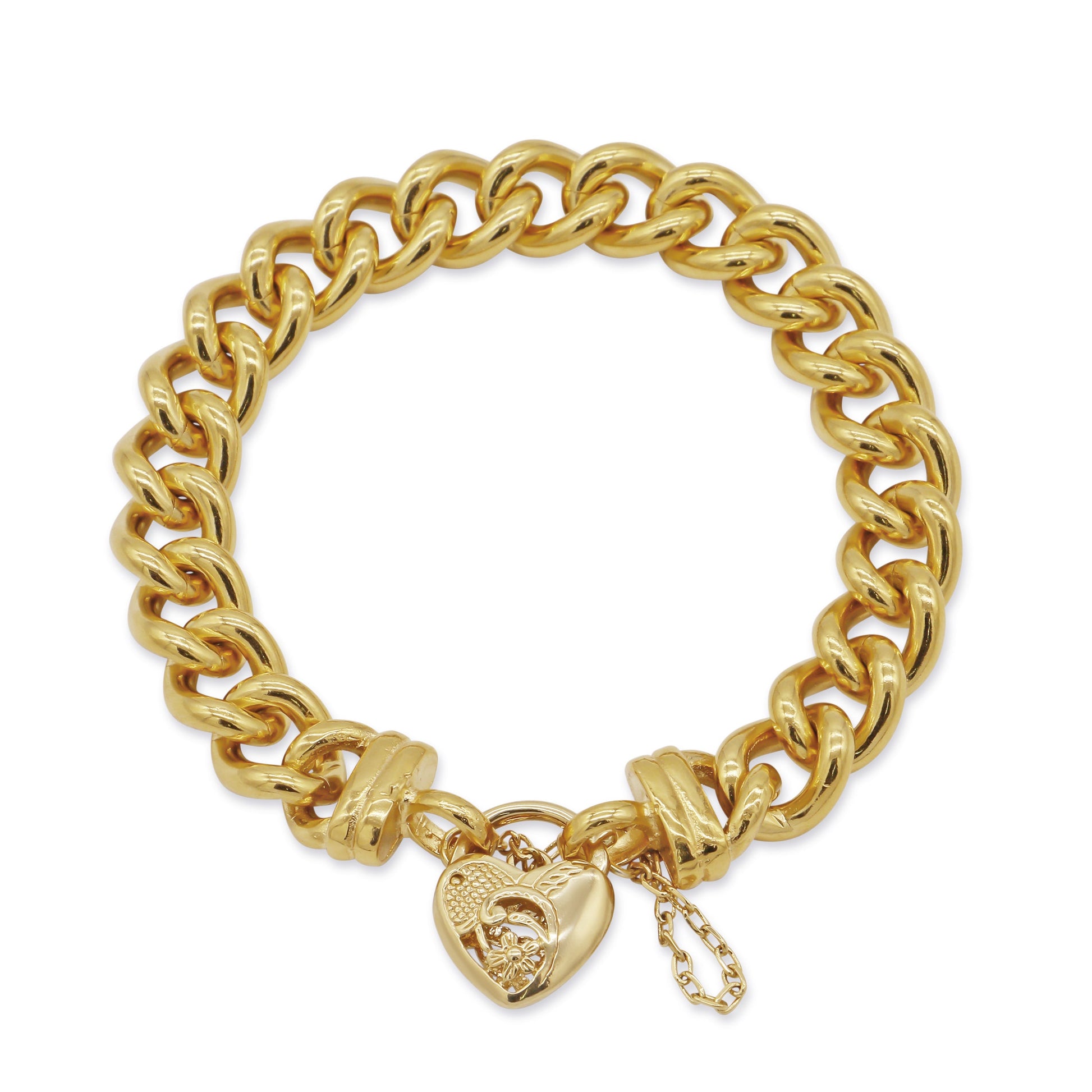 18ct Heavy Yellow Gold Plated 12mm Euro Curb Chain Bracelet with a Vegas Heart Locket - USA Made-1