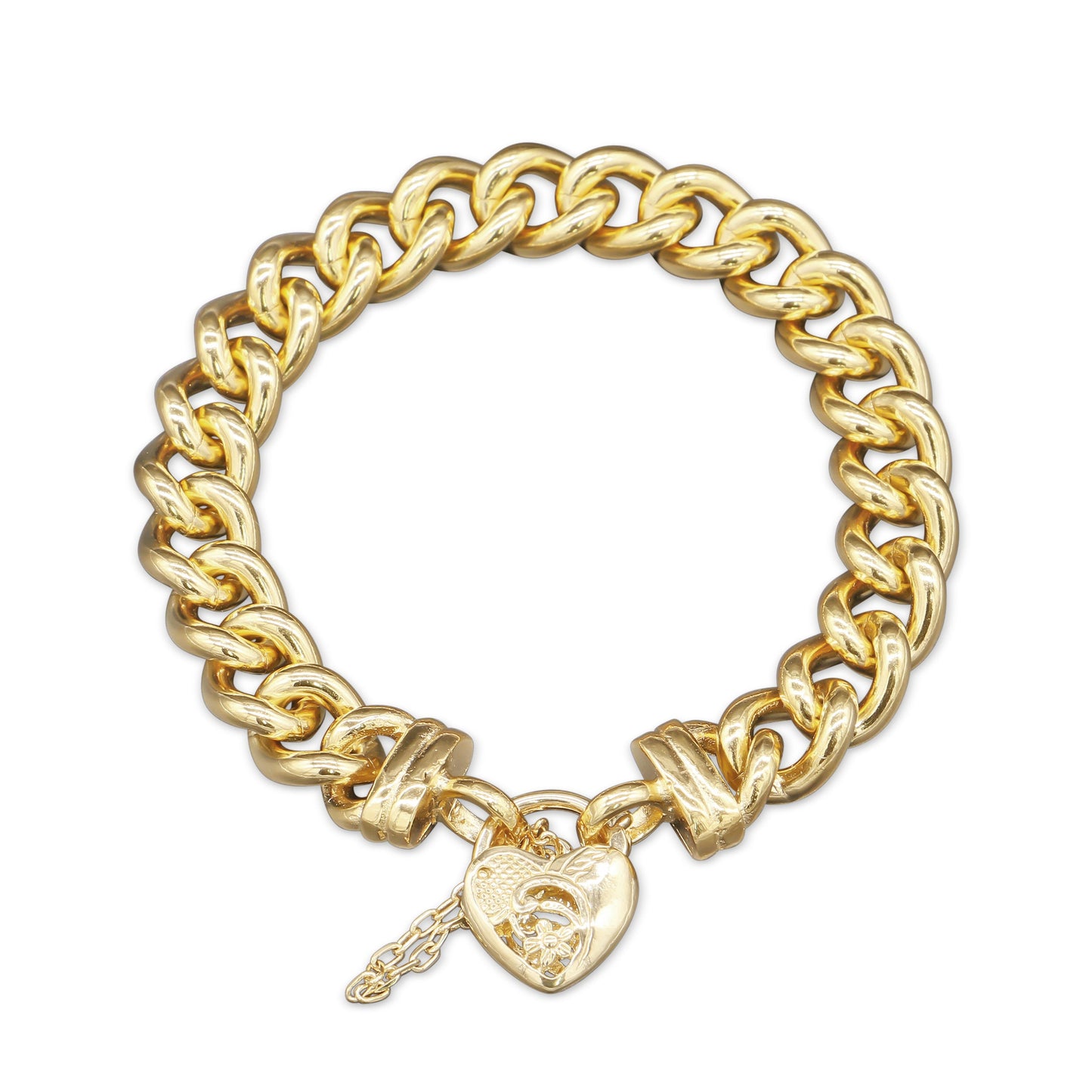 18ct Heavy Yellow Gold Plated 12mm Euro Curb Chain Bracelet with a Vegas Heart Locket - USA Made-0