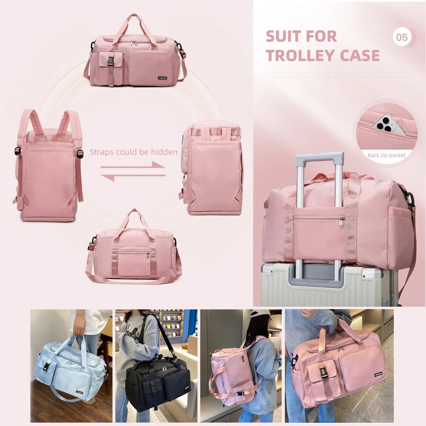 Travel Handbag Dry And Wet Separation Convertible Design Pink-4