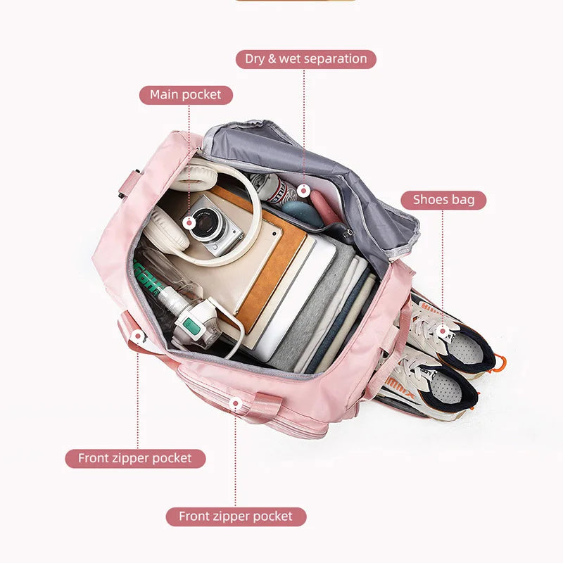 Travel Handbag Dry And Wet Separation Convertible Design Pink-3