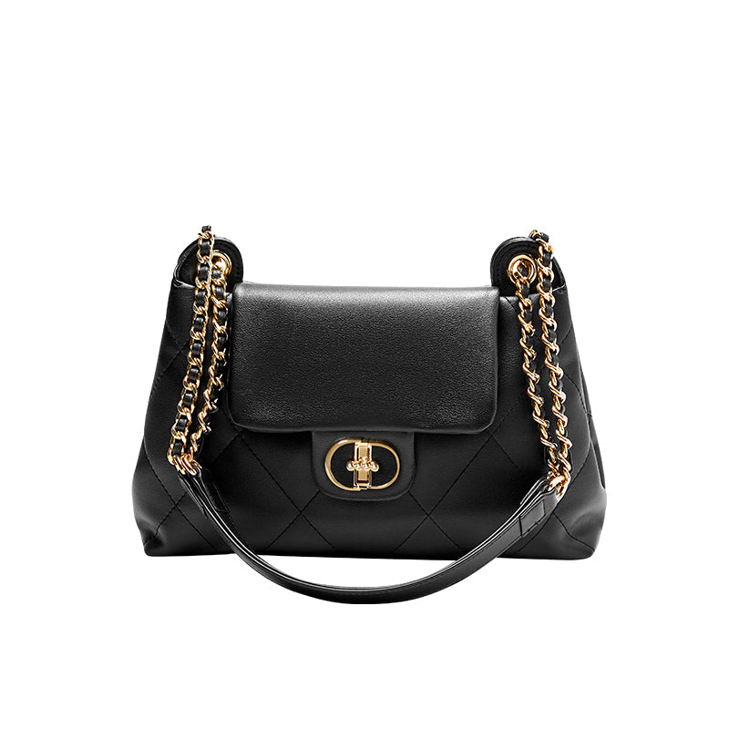 Black Double Chain Quilted Satchel-0