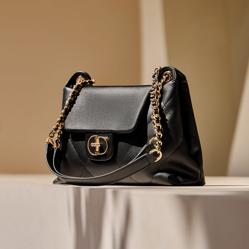 Black Double Chain Quilted Satchel-1