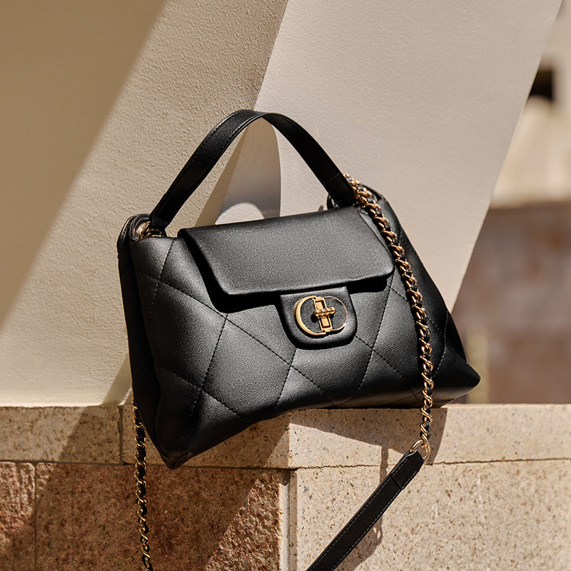 Black Double Chain Quilted Satchel-2