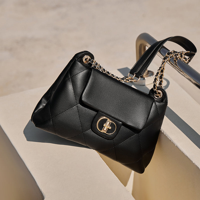 Black Double Chain Quilted Satchel-3