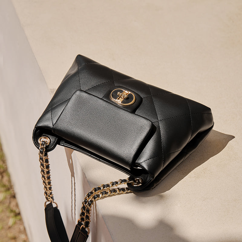 Black Double Chain Quilted Satchel-4