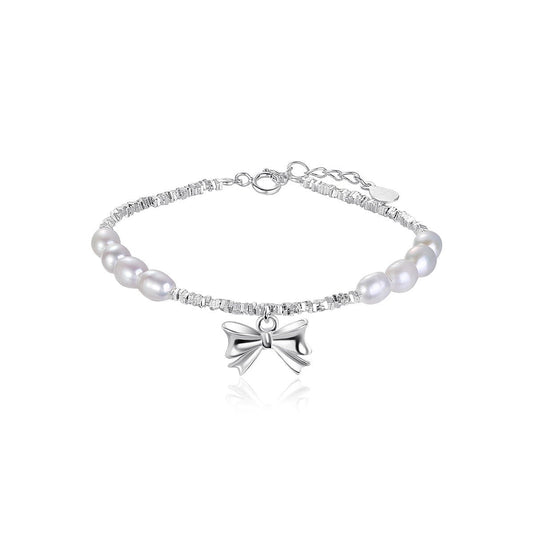 Bow Charm Pearl Silver Bracelet-0
