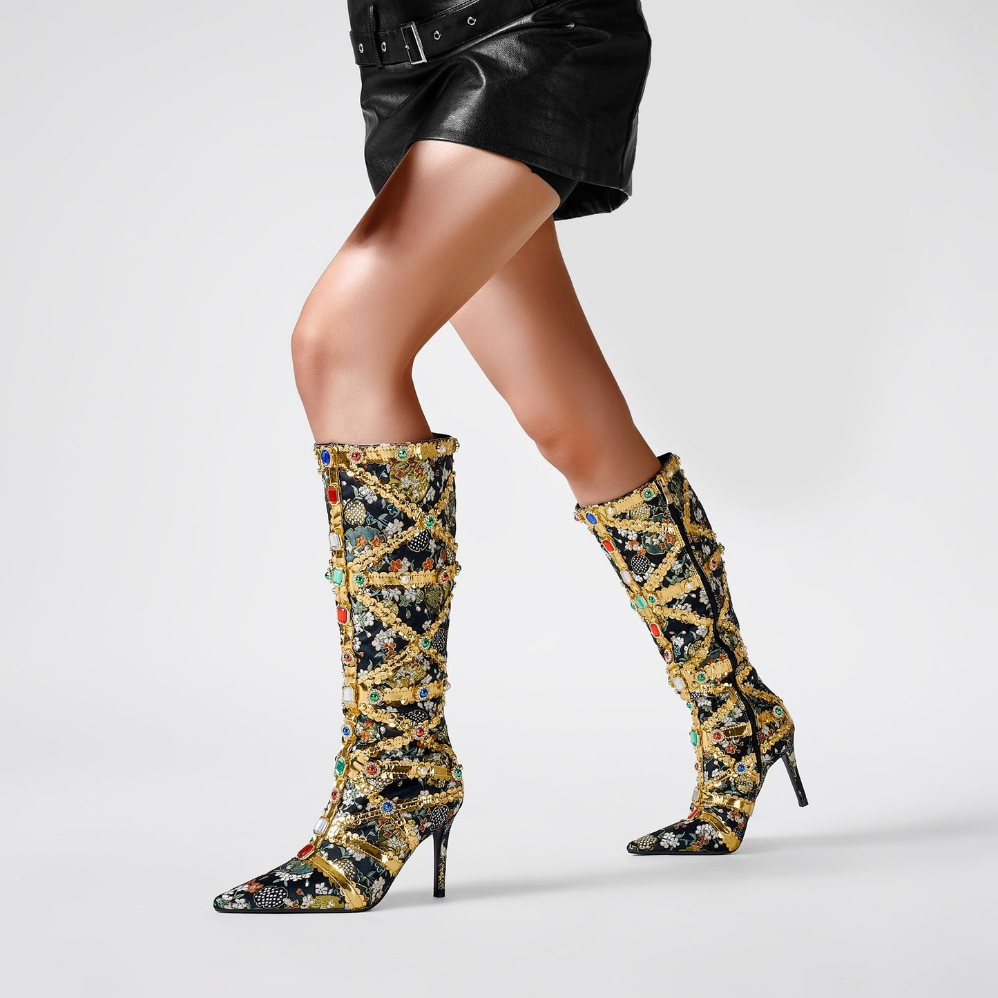 Haute Couture Golden and Crystal Encrusted Knee High Boots-0