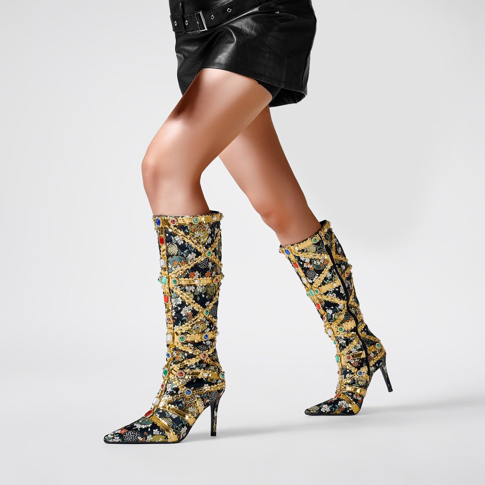 Haute Couture Golden and Crystal Encrusted Knee High Boots-0