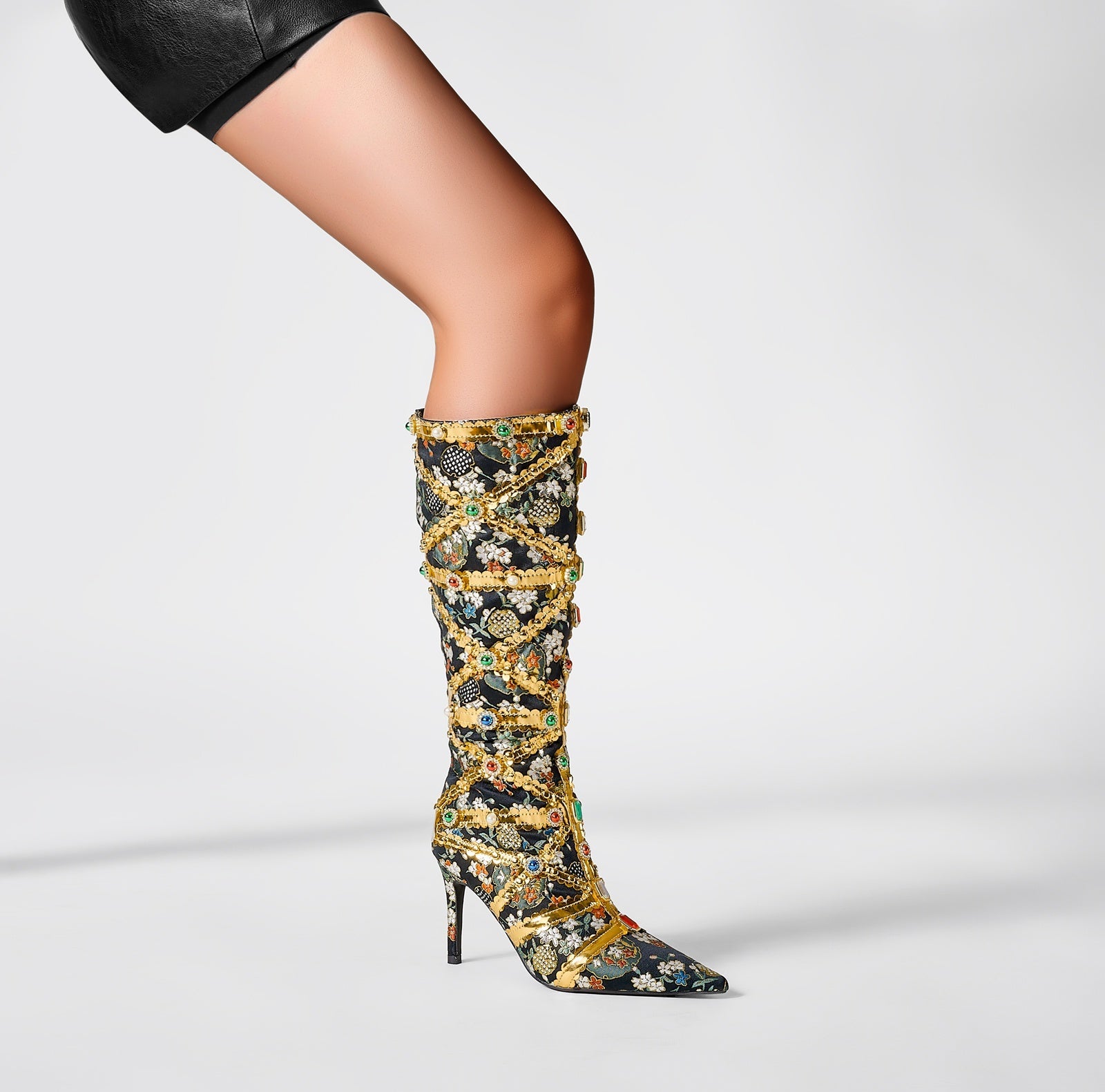 Haute Couture Golden and Crystal Encrusted Knee High Boots-1