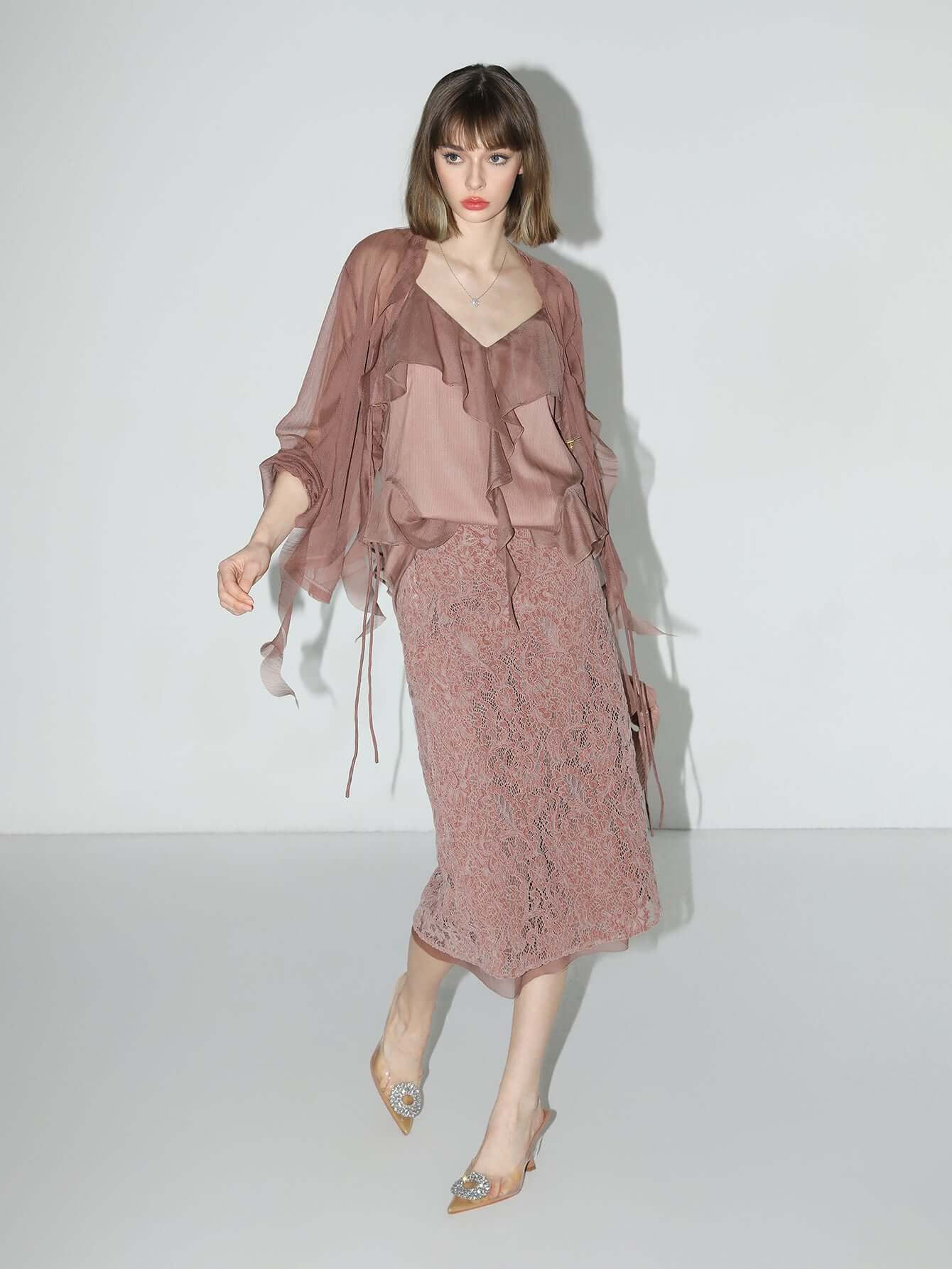 Old Rose Silk Velvet Lace Embroidered Below The Knee Skirt-0