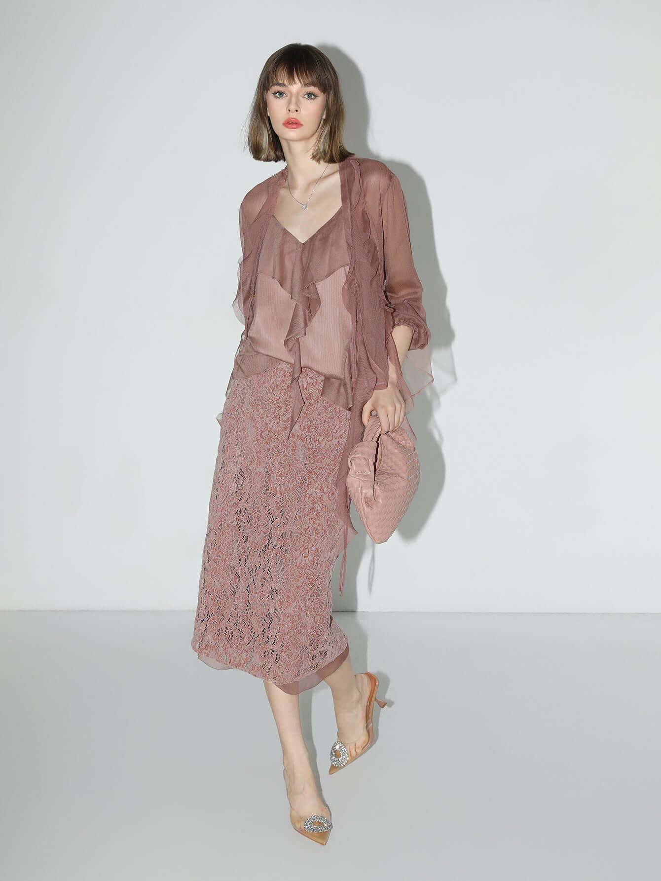 Old Rose Silk Velvet Lace Embroidered Below The Knee Skirt-1