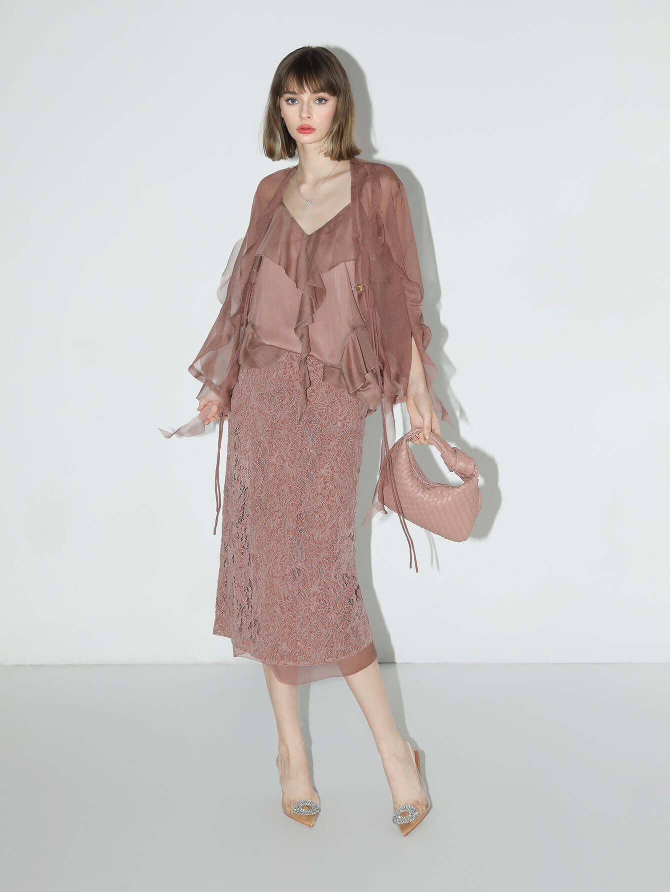 Old Rose Silk Velvet Lace Embroidered Below The Knee Skirt-2