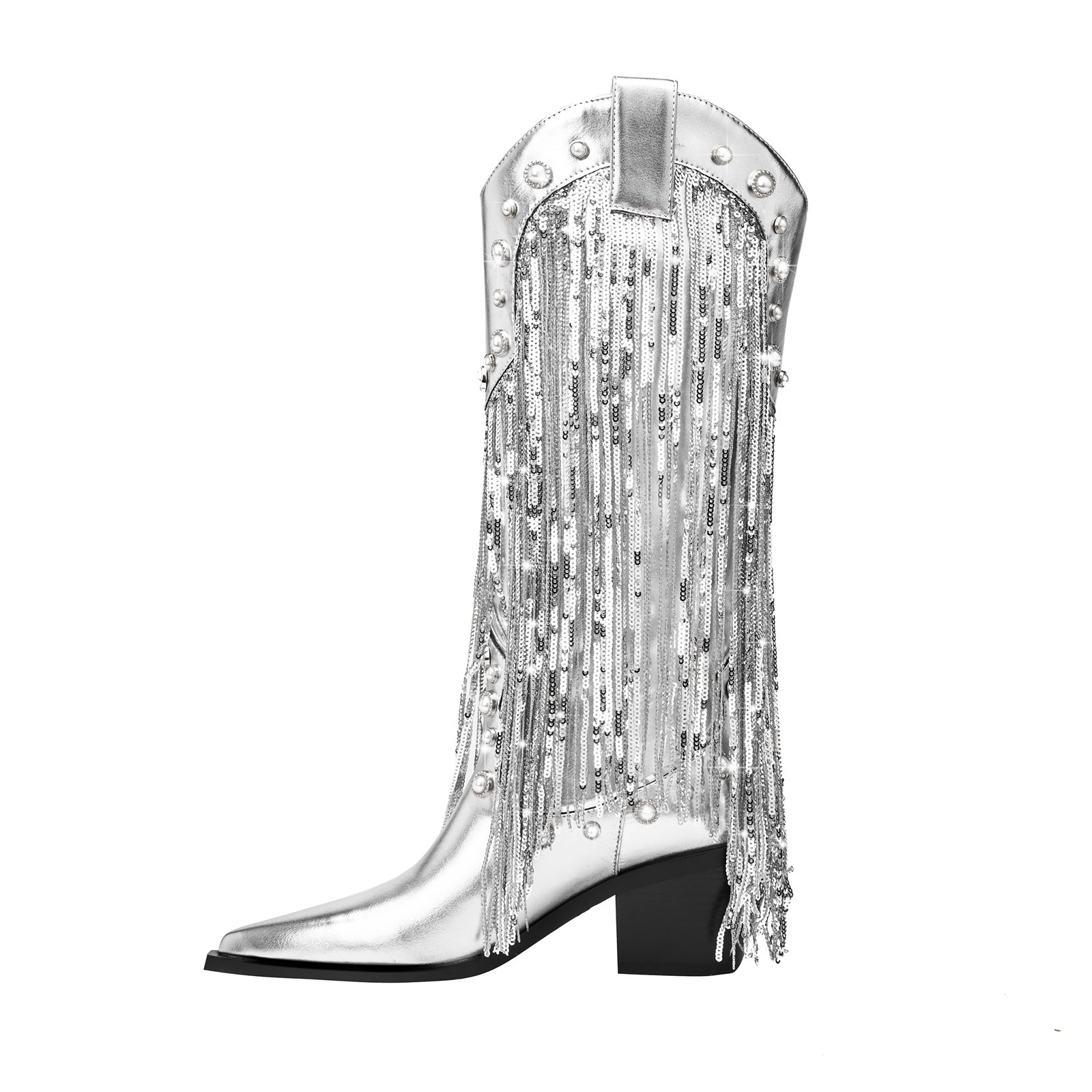 Silver Fringe Cowboy Knee High Boots-0