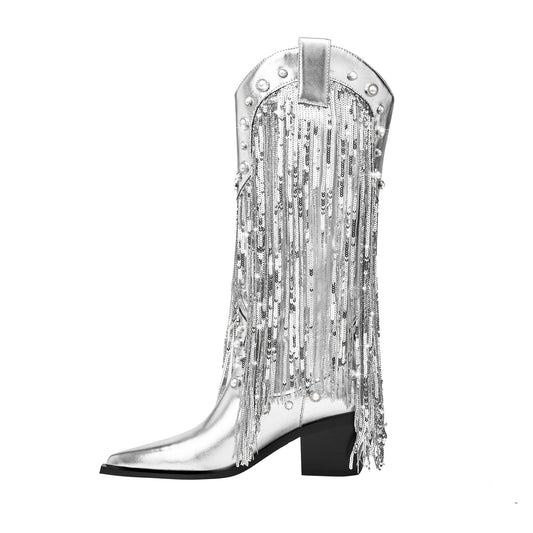 Silver Fringe Cowboy Knee High Boots-0