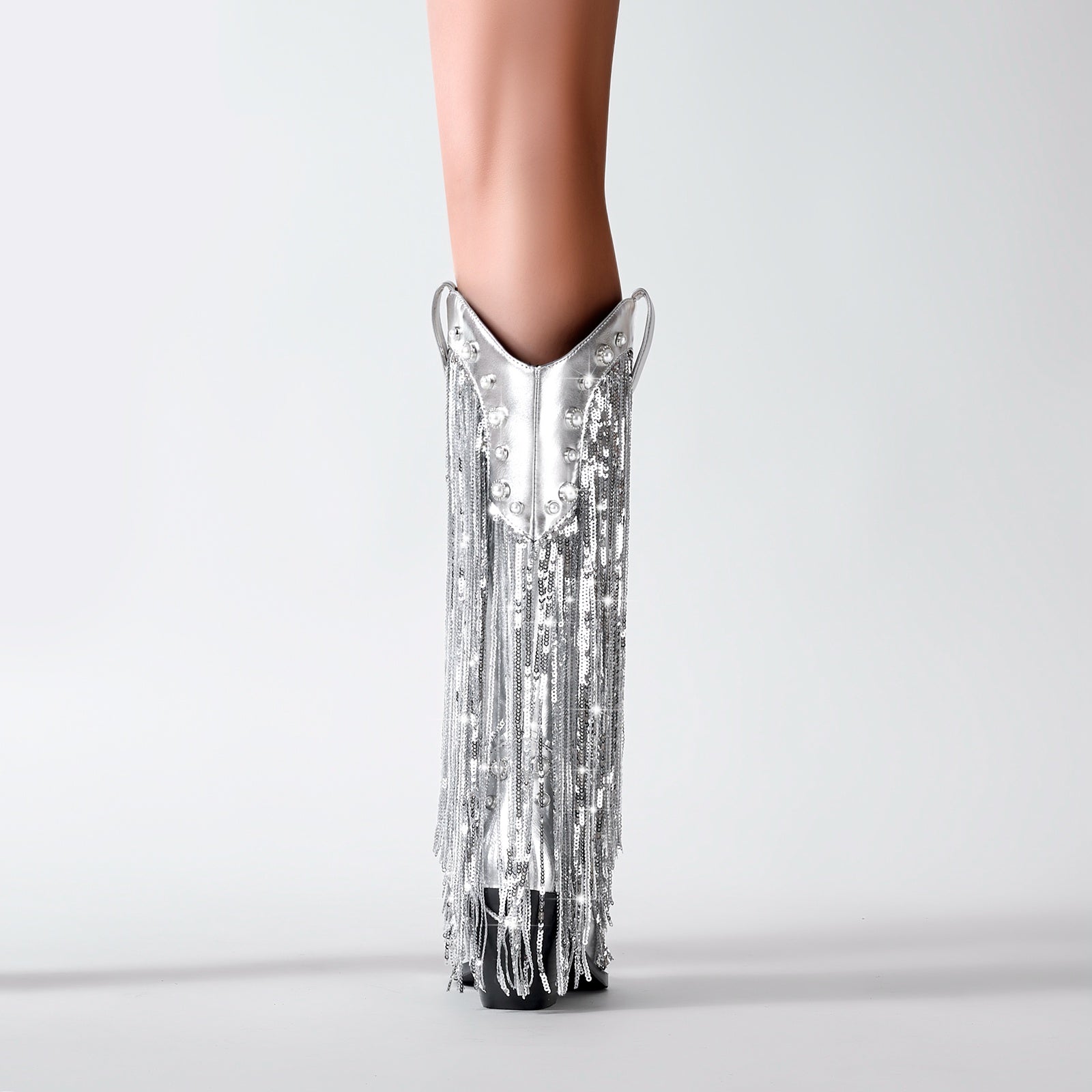 Silver Fringe Cowboy Knee High Boots-1