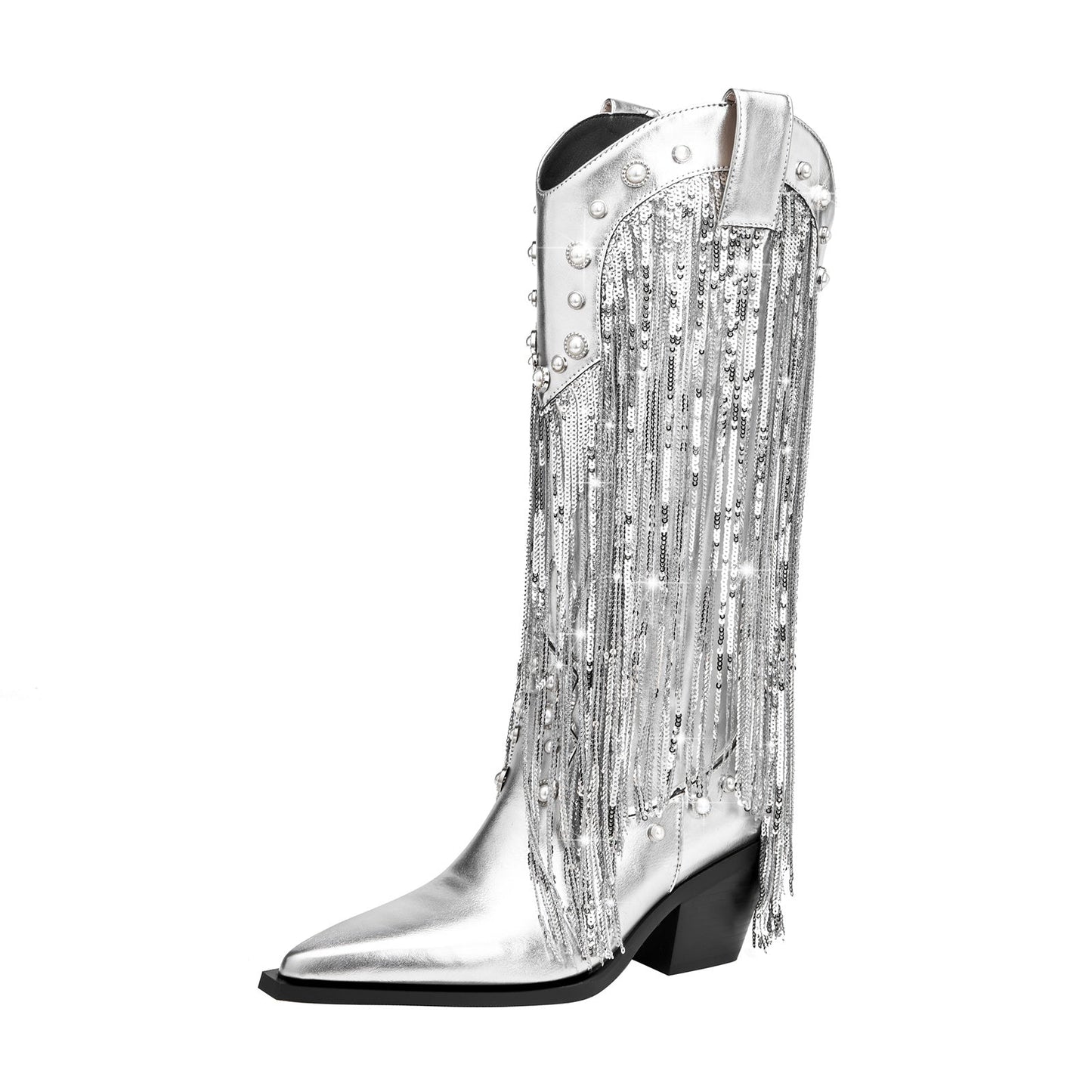 Silver Fringe Cowboy Knee High Boots-2