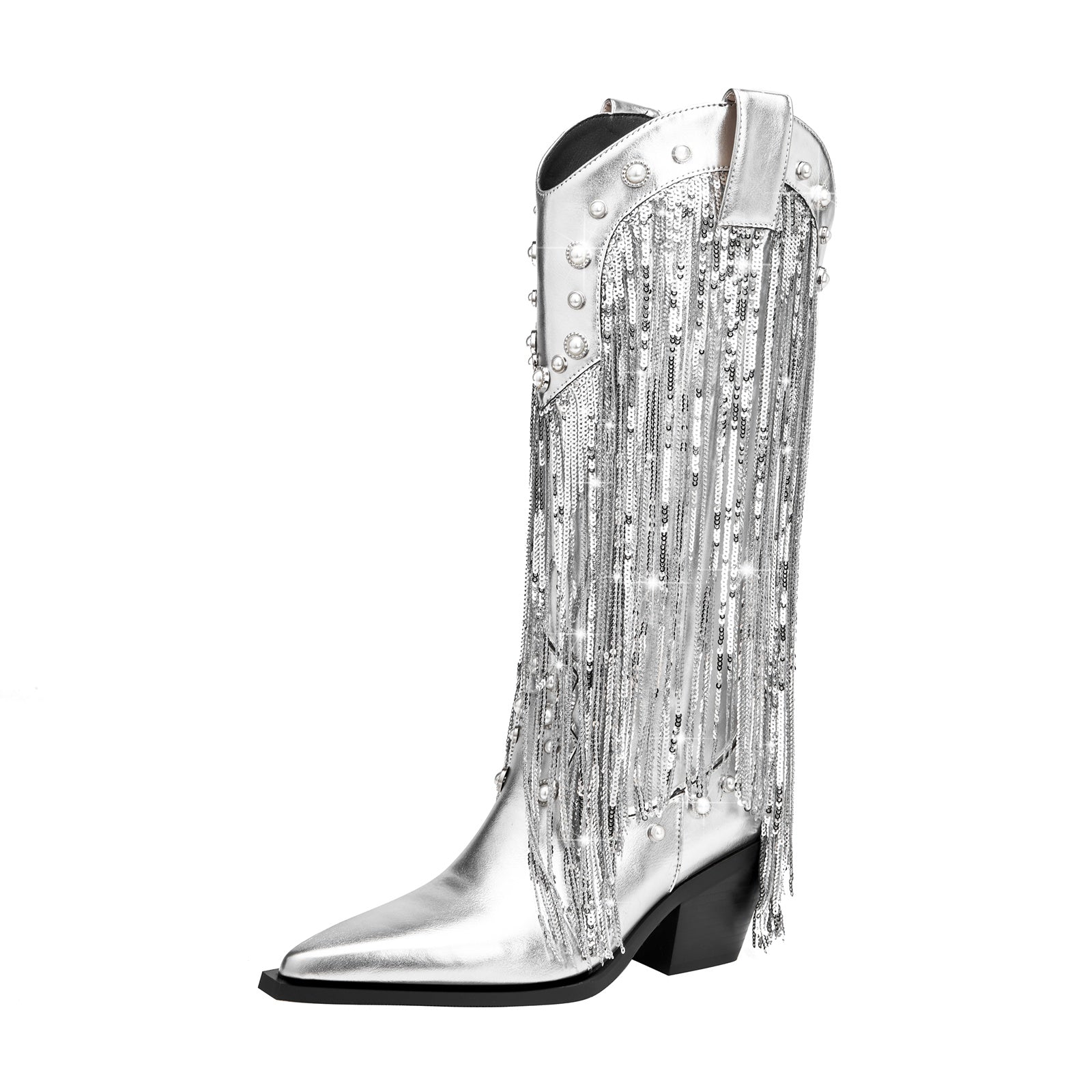 Silver Fringe Cowboy Knee High Boots-2