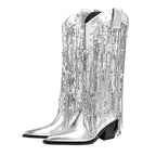 Silver Fringe Cowboy Knee High Boots-3