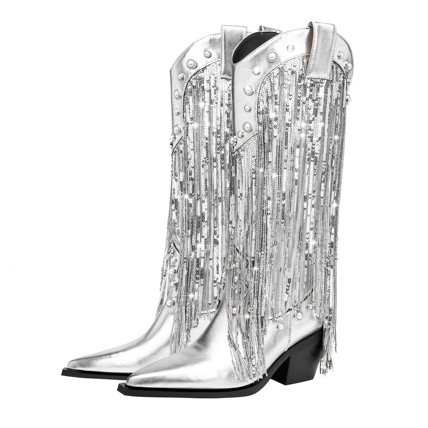 Silver Fringe Cowboy Knee High Boots-3