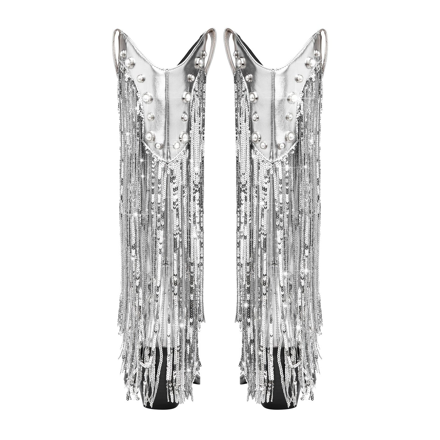Silver Fringe Cowboy Knee High Boots-4