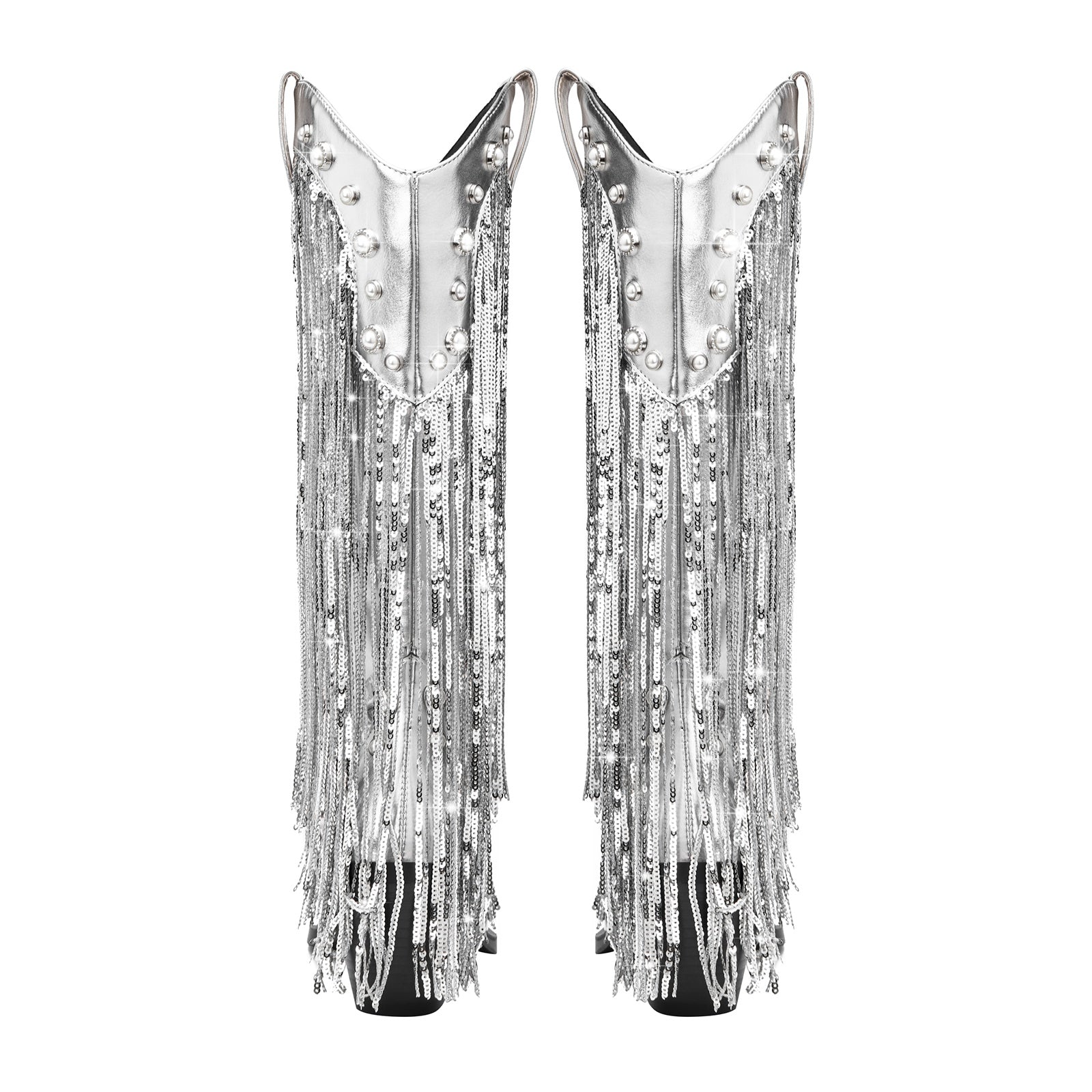 Silver Fringe Cowboy Knee High Boots-4