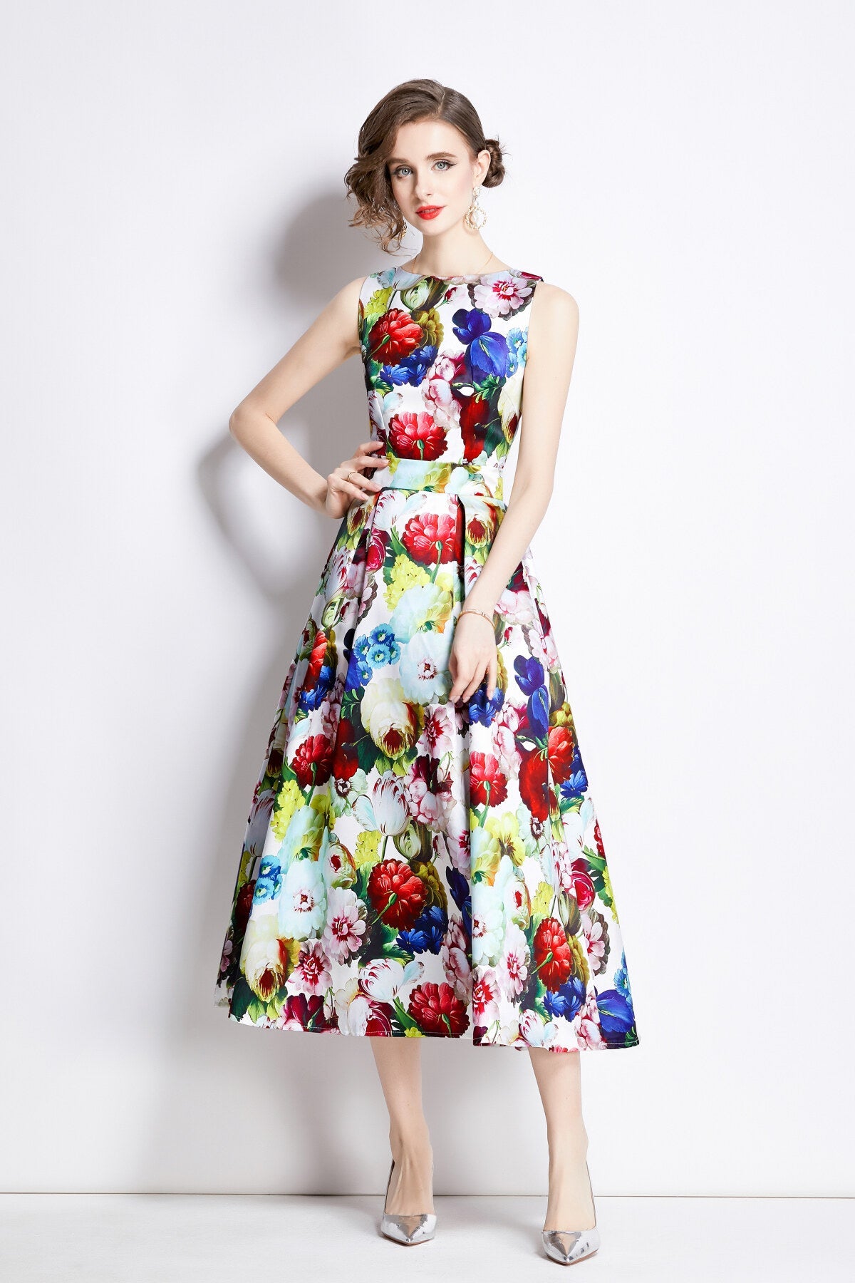 Sleeveless High Waisted Structured Cut A Line Dress-4